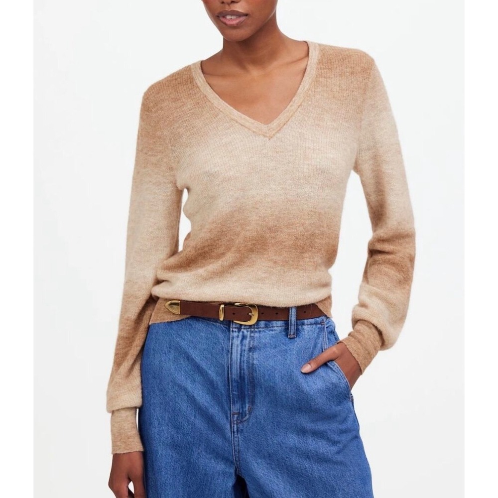 Madewell Alpaca Blend Deep V-Neck Sweater Spacedye Fawn Women's Small Brown Tan.